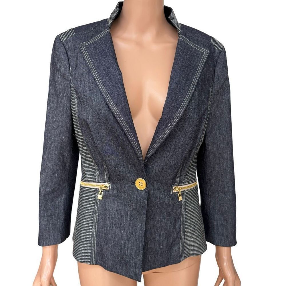 BEBE blazer suit denim blue gold accents Italy Fabric size 10 linen/cotton blend